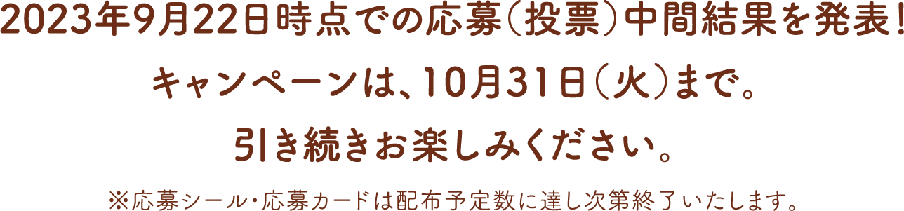 2022年9月23日時点での応募（投票）中間結果を発表！
		キャンペーンは、10月31日（月）まで。引き続きお楽しみください。